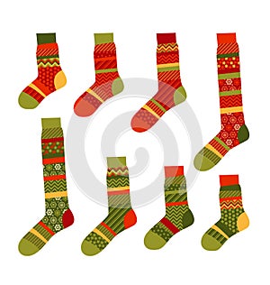 Christmas striped socks in patchwork style.