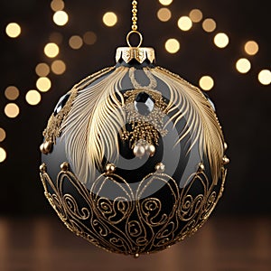 Christmas stylish black bauble with golden feathers isolated on black background. Generative AI