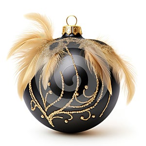 Christmas stylish black baubles with feathers isolated on white background. Generative AI