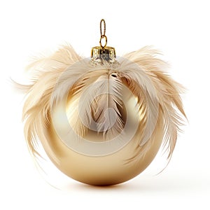 Christmas stylish golden bauble with feathers isolated on white background. Generative AI