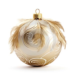 Christmas stylish golden bauble with feathers isolated on white background. Generative AI