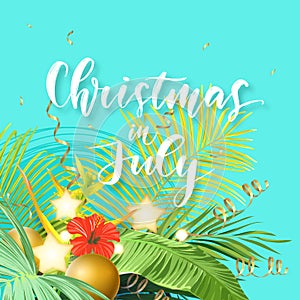 Christmas on the summer beach design with green palm leaves, tropical flowers, xmas balls, decorative light bulbs and