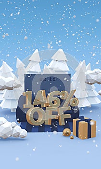 Christmas super sale or crazy winter clearance concept. 146 percent off - 3D illustration in cartoon style.