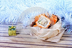 Christmas sushi rolls. Christmas, New Year card.