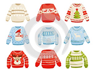 Christmas sweaters set, warm knitted jumper with cute ornaments vector Illustration on a white background photo