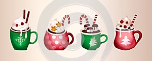 Christmas sweet coffee cocoa drink cartoon vector set