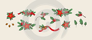 Christmas symbols set, Christmas holly for Winter Holidays season, isolated. Vector illustration