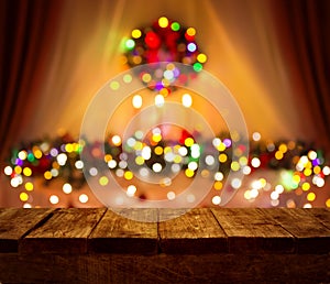 Christmas Table Blurred Lights, Wood Desk Focus, Wooden Plank