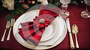 Christmas table decor, holiday tablescape and dinner table setting, formal event decoration for New Year, family celebration,