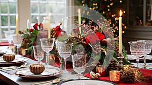 Christmas table decor, holiday tablescape and dinner table setting, formal event decoration for New Year, family celebration,