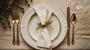 Christmas table decor, holiday tablescape and dinner table setting, formal event decoration for New Year, family celebration,