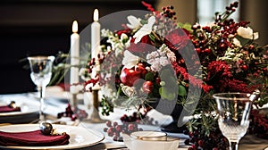 Christmas table decor, holiday tablescape and dinner table setting, formal event decoration for New Year, family celebration,