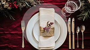 Christmas table decor, holiday tablescape and dinner table setting, formal event decoration for New Year, family celebration,