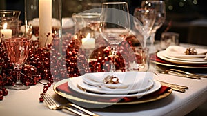 Christmas table decor, holiday tablescape and dinner table setting, formal event decoration for New Year, family celebration,