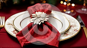 Christmas table decor, holiday tablescape and dinner table setting, formal event decoration for New Year, family celebration,