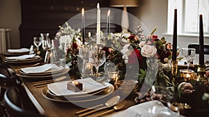 Christmas table decor, holiday tablescape and dinner table setting, formal event decoration for New Year, family celebration,