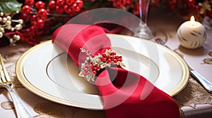 Christmas table decor, holiday tablescape and dinner table setting, formal event decoration for New Year, family celebration,