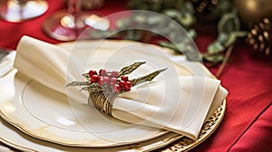 Christmas table decor, holiday tablescape and dinner table setting, formal event decoration for New Year, family celebration,