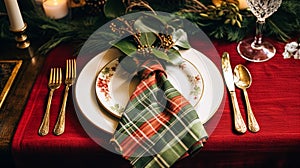 Christmas table decor, holiday tablescape and dinner table setting, formal event decoration for New Year, family celebration,