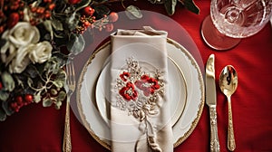 Christmas table decor, holiday tablescape and dinner table setting, formal event decoration for New Year, family celebration,