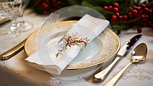 Christmas table decor, holiday tablescape and dinner table setting, formal event decoration for New Year, family celebration,