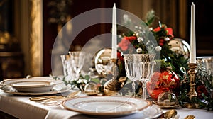 Christmas table decor, holiday tablescape and dinner table setting, formal event decoration for New Year, family celebration,