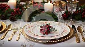 Christmas table decor, holiday tablescape and dinner table setting, formal event decoration for New Year, family celebration,