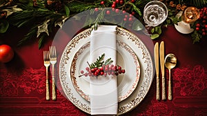 Christmas table decor, holiday tablescape and dinner table setting, formal event decoration for New Year, family celebration,