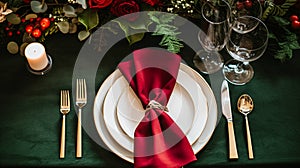 Christmas table decor, holiday tablescape and dinner table setting, formal event decoration for New Year, family celebration,