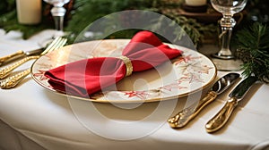 Christmas table decor, holiday tablescape and dinner table setting, formal event decoration for New Year, family celebration,