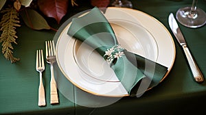 Christmas table decor, holiday tablescape and dinner table setting, formal event decoration for New Year, family celebration,