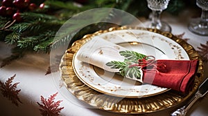 Christmas table decor, holiday tablescape and dinner table setting, formal event decoration for New Year, family celebration,