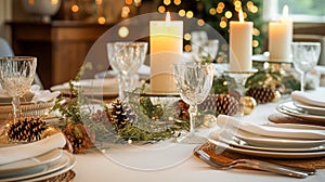 Christmas table decor, holiday tablescape and dinner table setting, formal event decoration for New Year, family celebration,