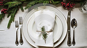 Christmas table decor, holiday tablescape and dinner table setting, formal event decoration for New Year, family celebration,