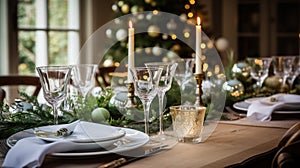 Christmas table decor, holiday tablescape and dinner table setting, formal event decoration for New Year, family celebration,