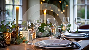 Christmas table decor, holiday tablescape and dinner table setting, formal event decoration for New Year, family celebration,