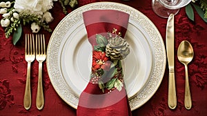 Christmas table decor, holiday tablescape and dinner table setting, formal event decoration for New Year, family celebration,