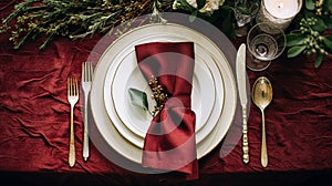 Christmas table decor, holiday tablescape and dinner table setting, formal event decoration for New Year, family celebration,