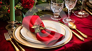 Christmas table decor, holiday tablescape and dinner table setting, formal event decoration for New Year, family celebration,