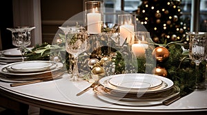 Christmas table decor, holiday tablescape and dinner table setting, formal event decoration for New Year, family celebration,