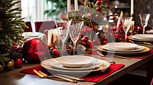 Christmas table decor, holiday tablescape and dinner table setting, formal event decoration for New Year, family celebration,