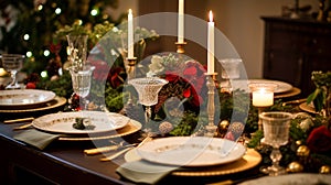 Christmas table decor, holiday tablescape and dinner table setting, formal event decoration for New Year, family celebration,