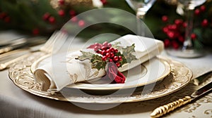Christmas table decor, holiday tablescape and dinner table setting, formal event decoration for New Year, family celebration,