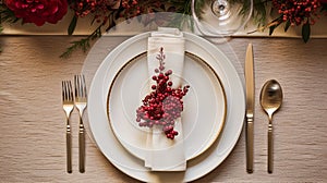 Christmas table decor, holiday tablescape and dinner table setting, formal event decoration for New Year, family celebration,