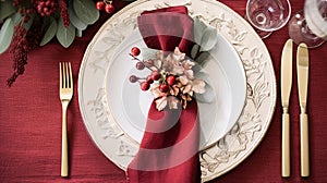 Christmas table decor, holiday tablescape and dinner table setting, formal event decoration for New Year, family celebration,