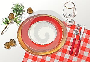 Vector Christmas table decorating setting. Festive cutlery set: fork, knife, empty plate on tablecloth with spruce