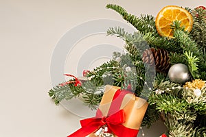 Christmas table decoration banner. Green fir branches candle gift boxes blue balls lights  white background