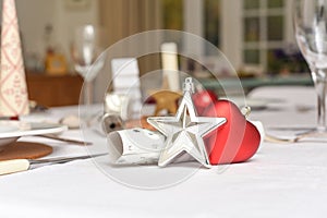 Christmas table decorations on a family home table