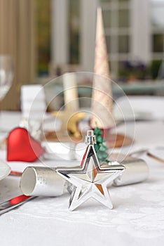 Christmas table decorations on a family home table