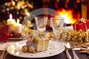 Christmas table with fireplace and Christmas tree in the backgro